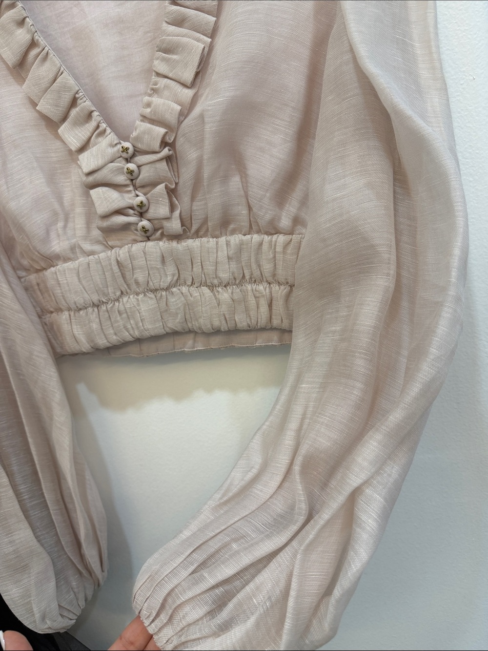 Zimmermann Pale Blush Ruffled V-Neck Puff Sleeve Crop Top - Small - Picture 7 of 8